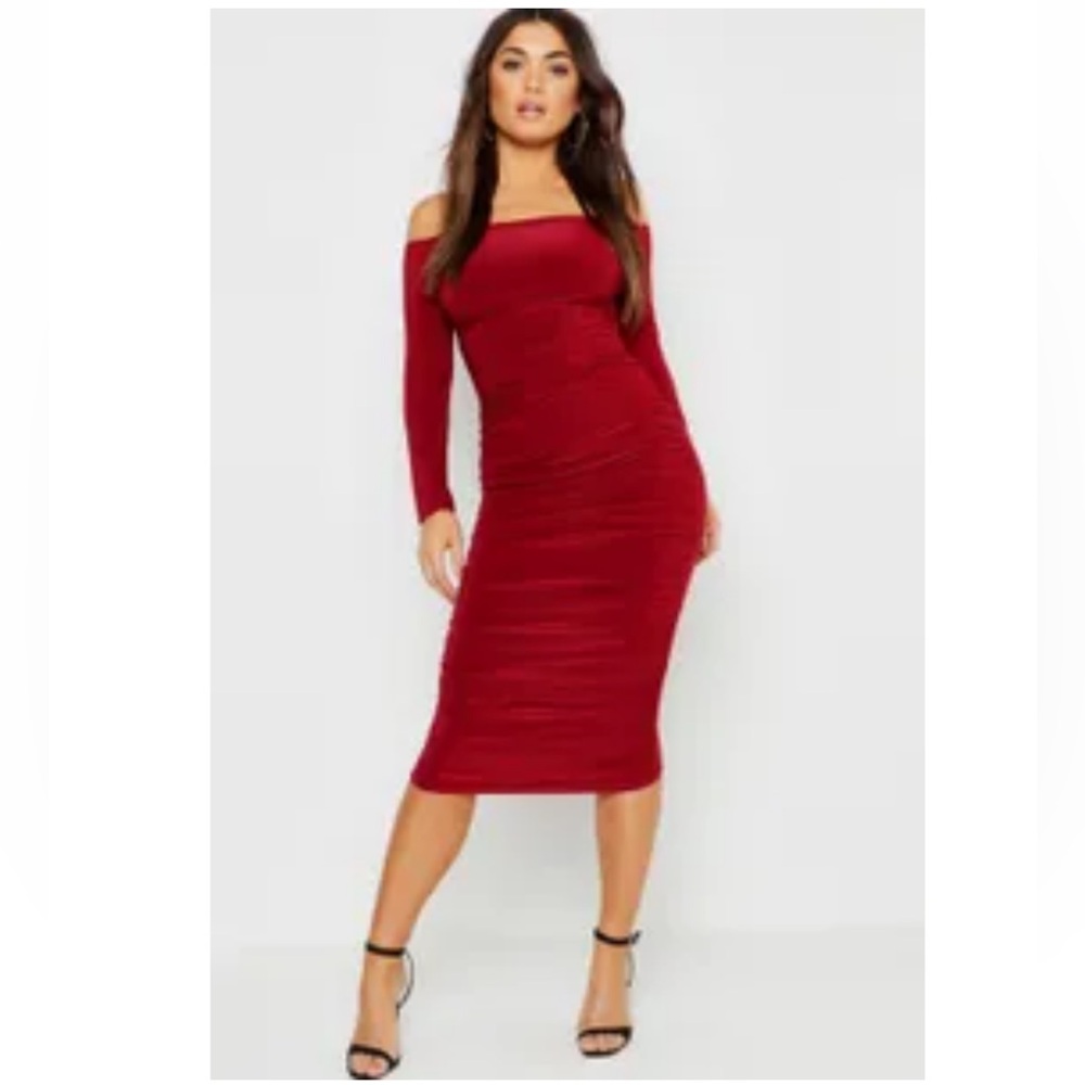 Boohoo Slinky Bardot Ruched Midi Dress wine size 4